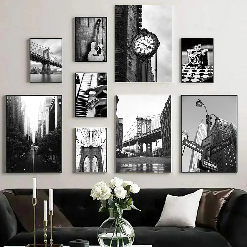 New York City Wall Art – Black & White Nordic Canvas Print with Guitar & Camera Design