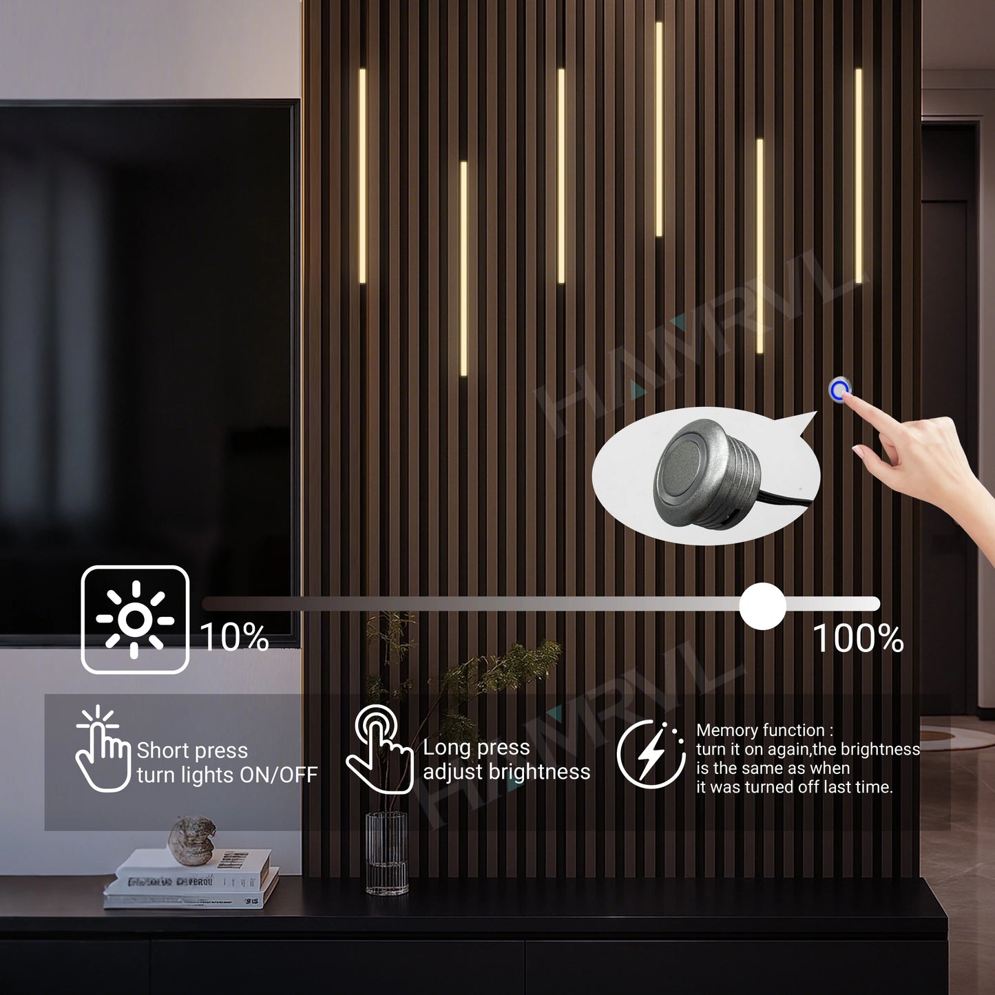 LED Recessed Strip Light for Wood Slat Wall – Touch Sensor, Self-Adhesive Ambient Lighting