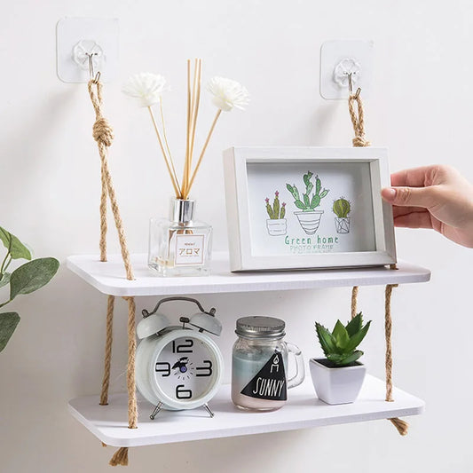 Wood Wall Storage Shelf with Hooks – Decorative Kitchen Organizer Rack