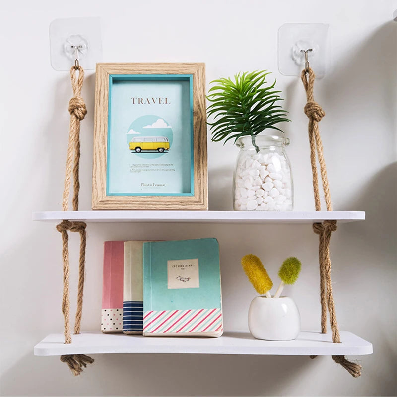 Wood Wall Storage Shelf with Hooks – Decorative Kitchen Organizer Rack