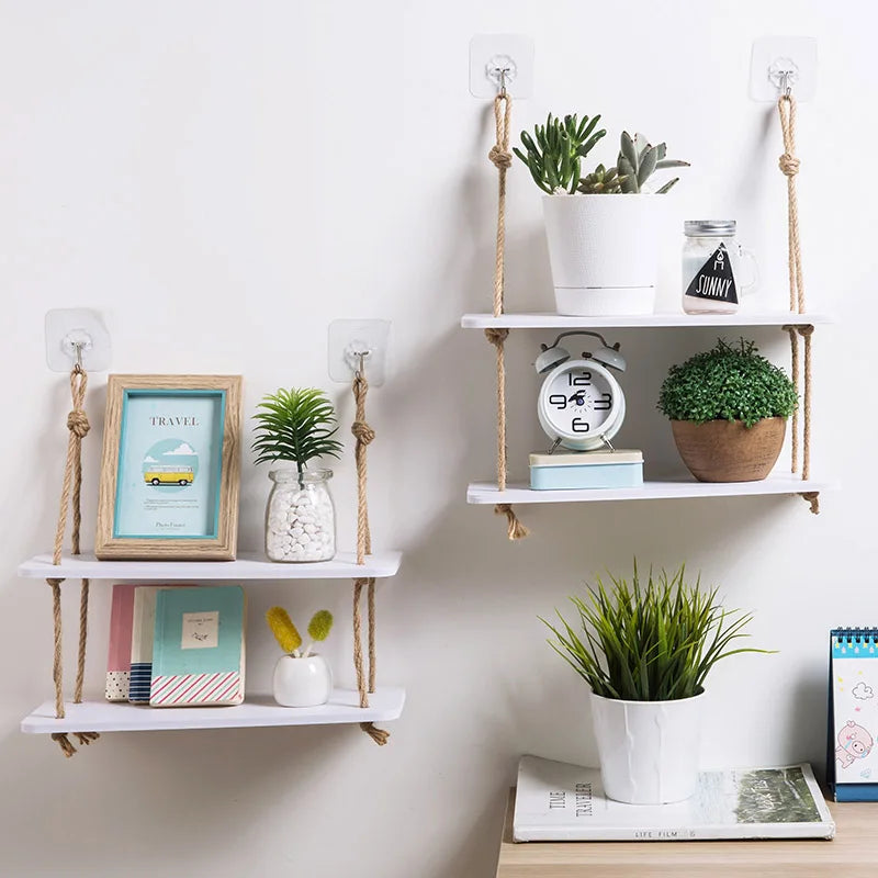Wood Wall Storage Shelf with Hooks – Decorative Kitchen Organizer Rack